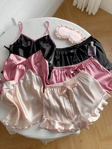 Comfortcana 3pcs Contrast Color Ruffle Trim Faux Silk Pajama Set - Multicolor - View 5