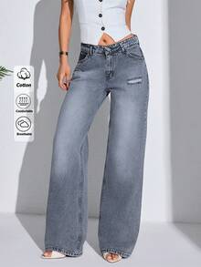 Casual Daily Wear Low Waist 90's Gray Denim Wide Leg Jean - Grey - View 1