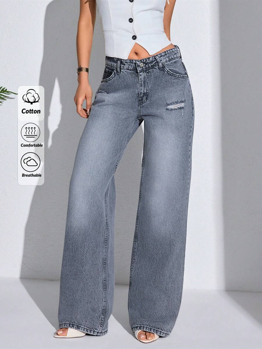 Casual Daily Wear Low Waist 90's Gray Denim Wide Leg Jean - Grey - View 1