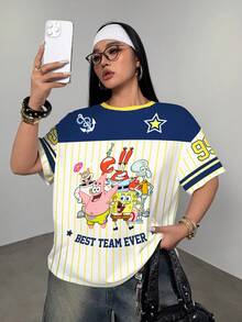 SpongeBob SquarePants | SHEIN 大码女式圆领短袖休闲T恤 - 白色 - 查看 5