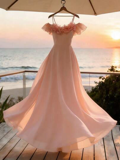 Franclia 女士优雅度假伴娘礼服，露肩可调节肩带，3D立体花卉装饰，纯粉色，长款收腰喇叭裙