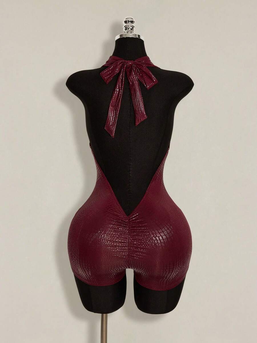 SHEIN ICON Women's Backless Sexy Halter Neck Romper Unitard - Burgundy - View 1