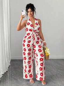 SHEIN Clasi Mono de pierna ancha con cuello en V profundo y cintura con nudo, adecuado para trabajo, citas diarias, primavera/verano, tallas grandes para mujeres - Rojo - Ver 6