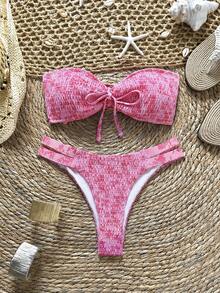 Swim Mod Conjunto de traje de baño para mujer con estampado floral y de hojas, verde, de ganchillo, lindo, elegante, retro y casual para playa y vacaciones - Rosa - Ver 2