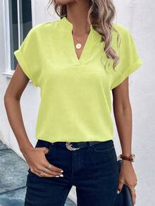 EMERY ROSE Solid Color Notched Collar Loose Casual Short Sleeve Shirt, Summer Office Light Green - Green - View 6