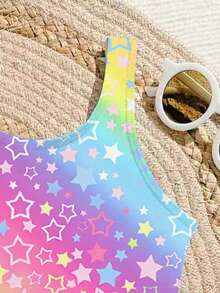 Colorful Ombre Star Print Cute Style Young Girls One-Piece Swimsuit, Suitable For Beach, Summer Vacation, Swimming Pool Party - Multicolor - View 3