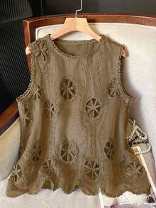 Lacomfia Áo camisole nữ cỡ lớn, thanh lịch, tối giản, cổ tròn, khoét lỗ, họa tiết hoa. - Cà phê nâu - Xem 1