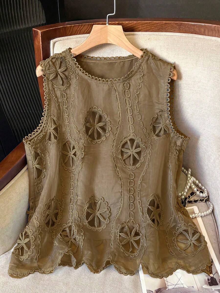 Lacomfia Áo camisole nữ cỡ lớn, thanh lịch, tối giản, cổ tròn, khoét lỗ, họa tiết hoa. - Cà phê nâu - Xem 1