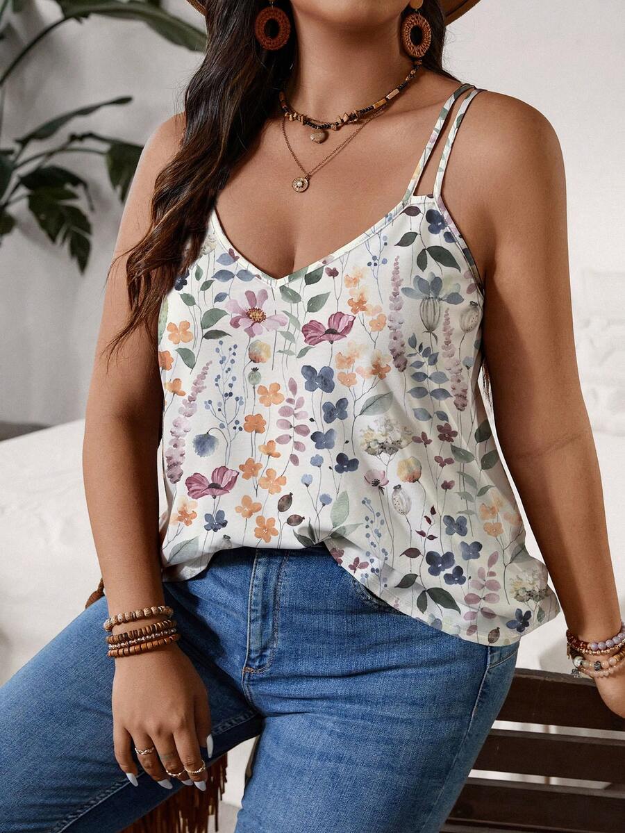 SHEIN VCAY Áo hai dây và áo tank top cỡ lớn, kiểu dáng thường ngày, in họa tiết hoa, thích hợp cho mùa hè. - Nhiều màu - Xem 1