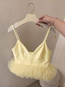 Franclia Plus Size Women Elegant Mesh Patchwork Camisole Top, Summer - Yellow - View 4