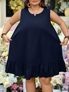SHEIN CURVE+ Curve 尺码 US22 音乐节、海滨度假、波西米亚风女士露背圆领纯色荷叶边下摆无袖复古夏季休闲连衣裙，黑色 - 藏蓝色 - 查看 4
