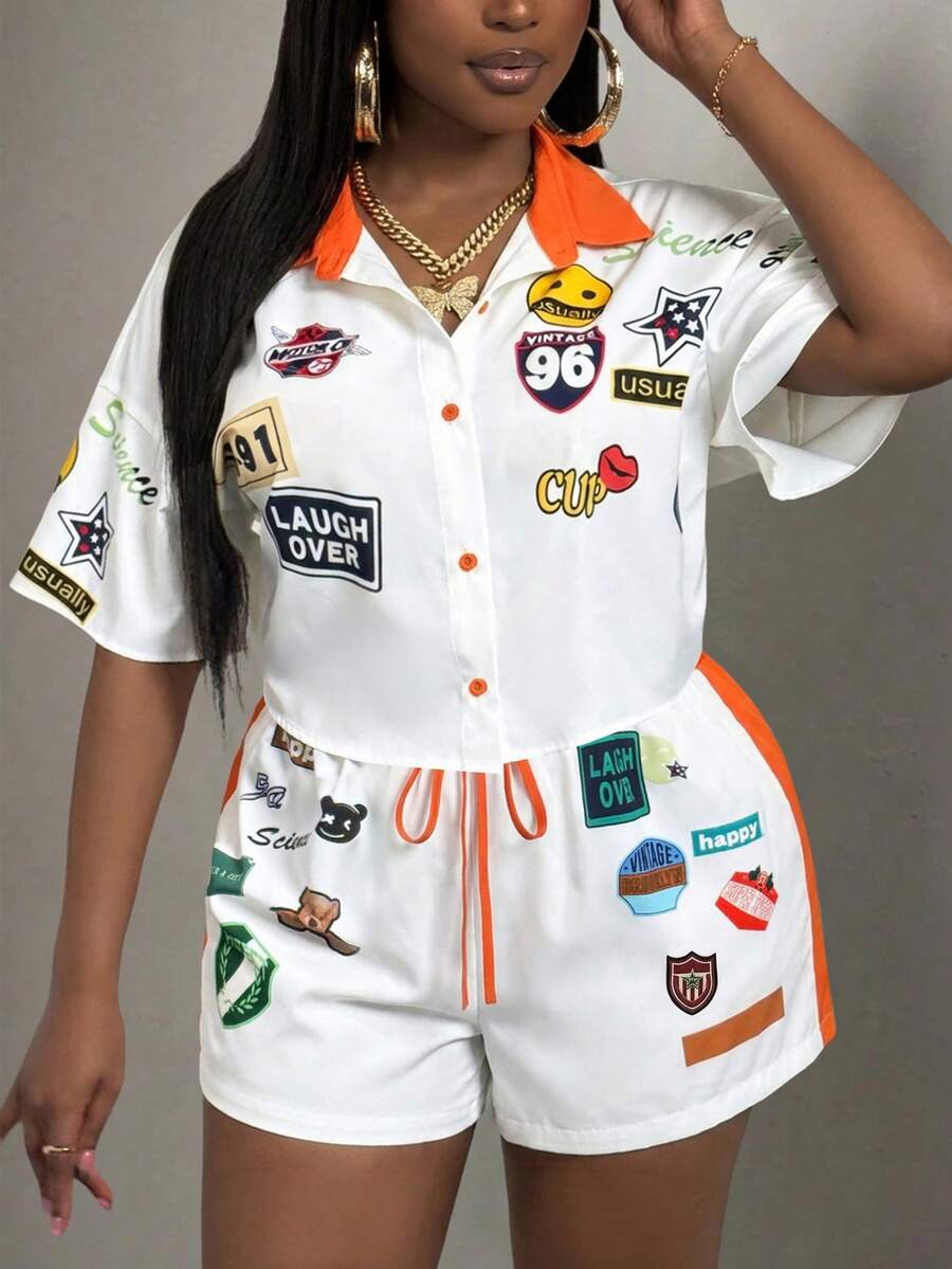 Slaydiva Women's Casual & Streetwear Cartoon Graphic Print Fitted Pocket 2 Pieces Set, Spring/Summer, Summer Outfits