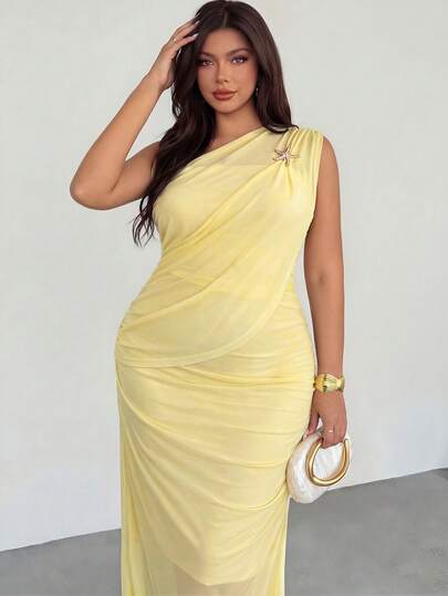 Firerie Vestido ajustado de unicolor elegante con pliegues, talla grande, para verano