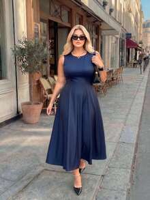 Plus Size Women Elegant Casual Commuter Versatile Denim Effect Sleeveless Dress, Spring/Summer Blue Sleeveless Midi Dress A Line Flared Hem Round Neck Woven Fabric - Blue - View 7