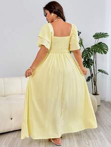 Solflare Romantic Ruffle Sleeve Dress With Pleated Bust Decor, A-Line Silhouette, Flowy Hem, Yellow, Suitable For Vacation, Plus Size - Yellow - View 2