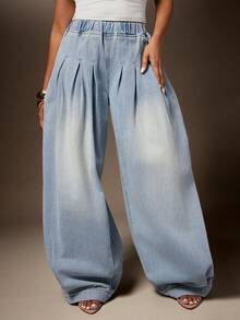 Vixey Elasticized Waistband Pleated Wide Leg Jeans - Light Wash - View 1