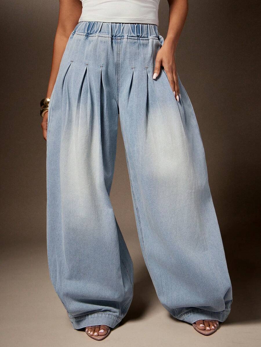 Vixey Elasticized Waistband Pleated Wide Leg Jeans - Light Wash - View 1