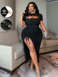SHEIN CURVE+ 大码女士性感弹力罗纹针织连衣裙，正面镂空设计，金属孔眼装饰，侧开衩 - 黑色 - 查看 2