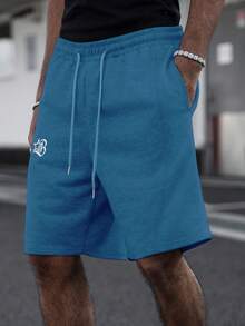 Manfinity Roghcode Men's Minimalist Embroidered Pattern Casual Knit Shorts, Loose Straight Leg High Street Patchwork Sports Pants Wide Leg - Dusty Blue - View 3