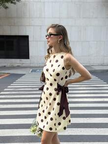 Serisse Vestido coreano de mujer con estampado de lunares, lazo y tirantes versátil y de moda - Multicolor - Ver 7