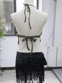 闪亮金色亮片肚皮舞服装套装 - 性感露背流苏上衣和流苏臀部 - 适合锐舞派对、嘉年华和夜总会的闪亮表演服 - 彩色 - 查看 2
