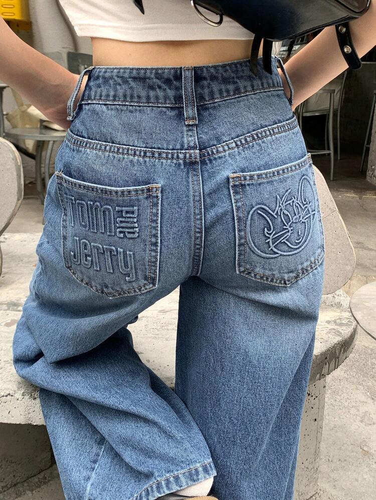 TOM AND JERRY X DAZY Women's Casual Versatile Cartoon Embossed Denim Jeans