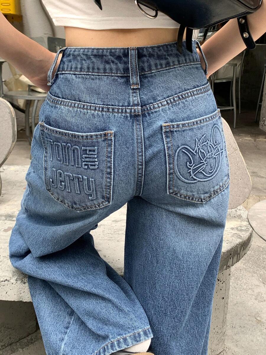 TOM AND JERRY X DAZY Women's Casual Versatile Cartoon Embossed Denim Jeans - Blue - View 1