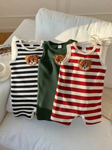 SHEIN Bộ 3 món quần áo trẻ sơ sinh unisex, áo liền quần không tay họa tiết gấu hoạt hình dễ thương mùa hè cho bé trai/bé gái, kẻ sọc. - Nhiều màu - Xem 3