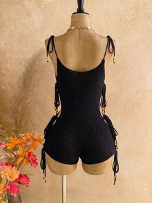 Soleia New V-Neck Side Hollow Tie-Up Pearl Splice Backless Knitted Romper, Suitable For Beach, Cruise, And Resort - Black - View 2