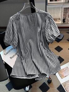 大码女式新款V领优雅休闲裹身系带不对称下摆格子泡泡袖短袖衬衫 - 彩色 - 查看 2
