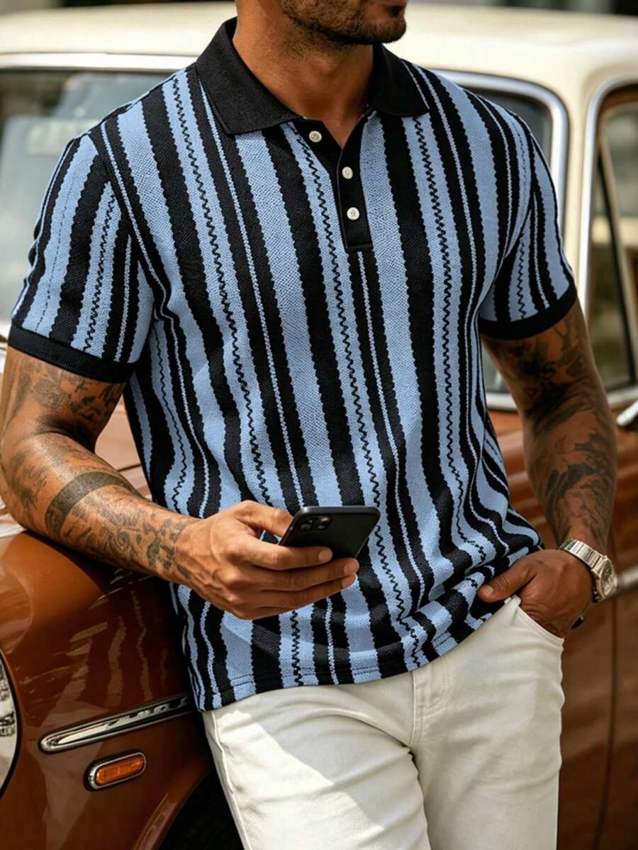 Manfinity CasualCool 男士休闲商务条纹Polo衫，适合日常通勤和休闲穿着，百搭 - 藍色 - 查看 1