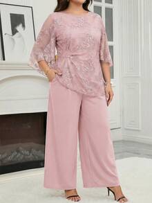 Reflora Plus Size Elegant Solid Color Lace Blouse And Pants 2 Pieces Set - Baby Pink - View 3