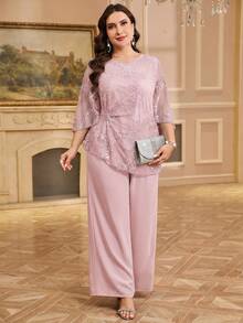Reflora Plus Size Elegant Solid Color Lace Blouse And Pants 2 Pieces Set - Baby Pink - View 9