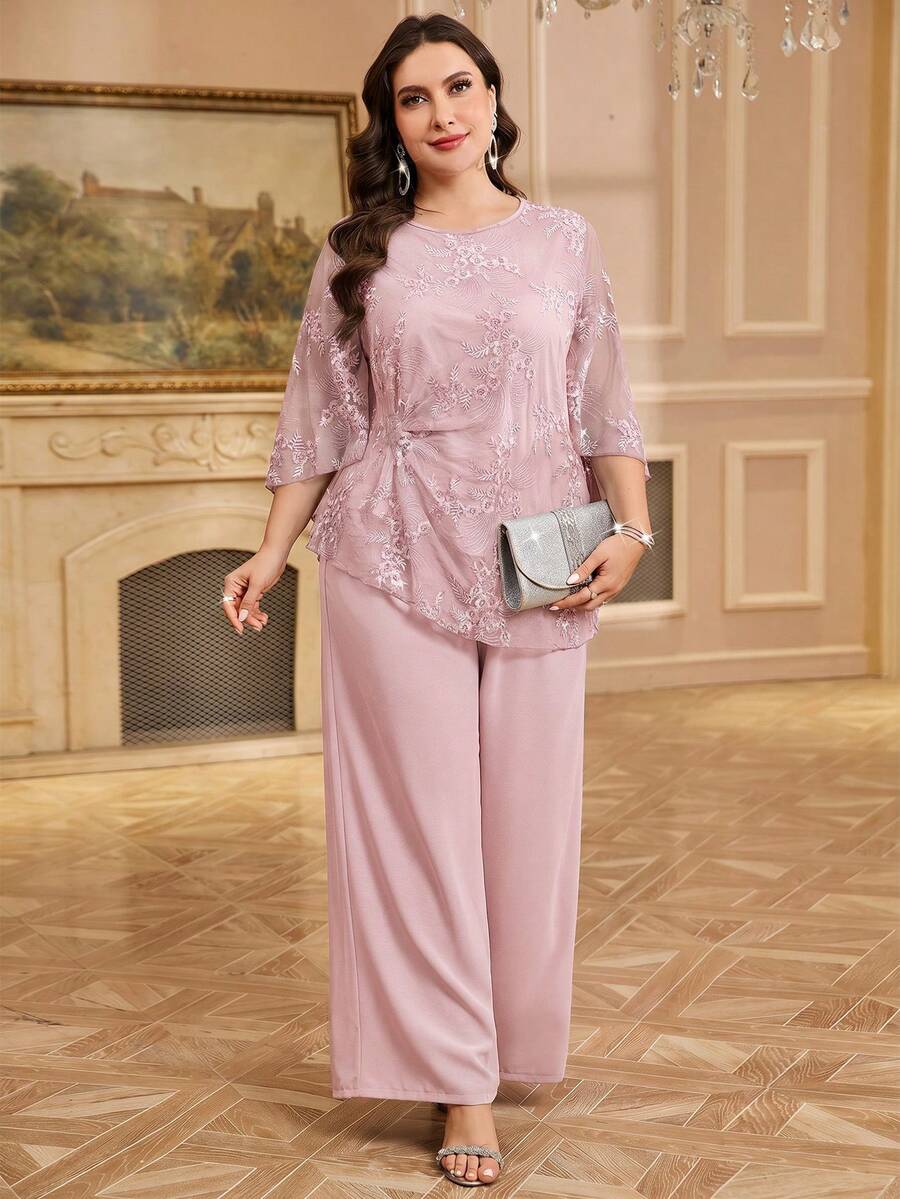 Reflora Plus Size Elegant Solid Color Lace Blouse And Pants 2 Pieces Set - Baby Pink - View 1