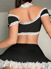 Fantasy Costume 4pcs Sexy Lace Patchwork Maid Costume Set - Black and White - View 2