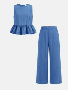 SHEIN 2pcs/Set Tween Girls' Casual Textured Round Neck Backless Bow Decor Tank Top And Leggings Set, Blue - Blue - View 4