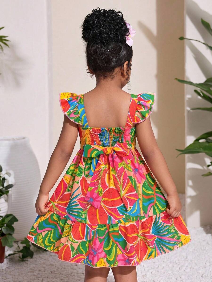 SHEIN Gaun Maxi Lengan Bergelombang Leher Persegi Motif Bunga Tenun untuk Anak Perempuan, Pakaian Serasi Ibu dan Anak untuk Musim Panas - MultiWarna - View 1