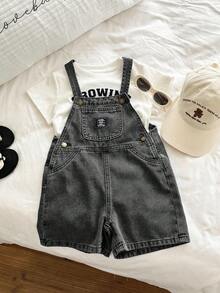 SHEIN Young BoyFitted Blue Denim Bib Shorts - Black - View 9
