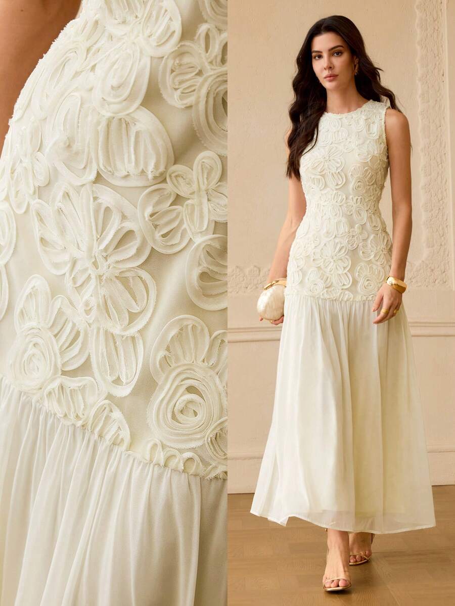 ZEYLAH Đầm chiffon không tay dáng ôm, thêu ren 3D họa tiết hoa mới, dành cho nữ, bộ sưu tập Xuân/Hè. - Màu be - Xem 1