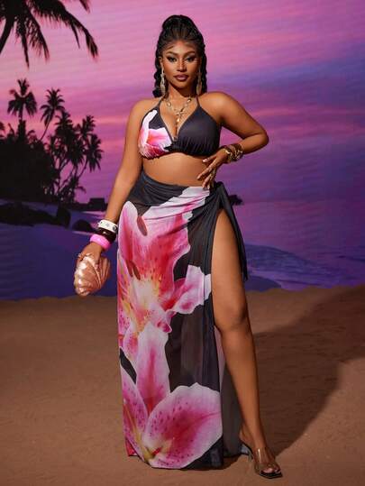 Maweii 性感海滩度假印花泳衣、吊带紧身裹身裙两件套，大码