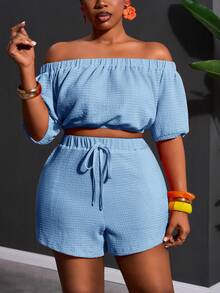 Slaydiva Conjunto de 2 peças Primavera/Verão Novo - Casual e Passeio e Férias e Passeio Diário e Festa e Encontro e Festival de Música e Jantar e Festa e Casual e Praia e Resort - Top Cropped de Manga Curta Ombro à Mostra Laranja Sólido Dopamina e Shorts Soltos com Bolso, Tecido de Textura de Malha, Plus Size - Azul petróleo - Visão 4