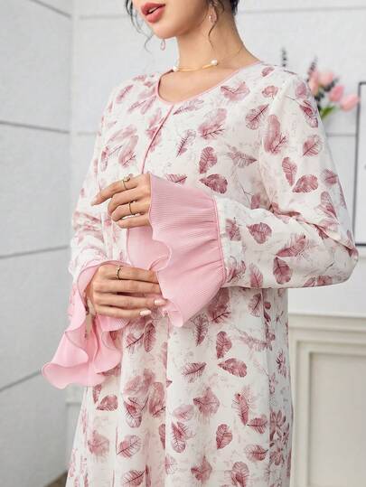 SHEIN Najma Elegant Watercolor Print Flared Sleeve Ruffle Hem Arabic Style Dress For Women