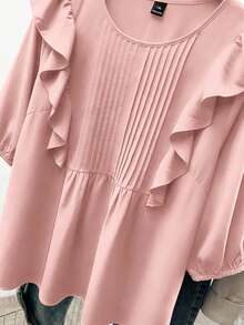 GlowEve CURVE Plus Size Women Solid Color Patchwork Ruffle Hem Loose Blouse - Pink - View 4