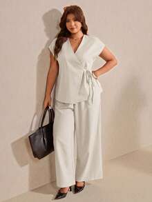 Elaquor Plus Size Summer Casual Commuter Tie-Wrap Suit Jacket And Pants Set - Apricot - View 3