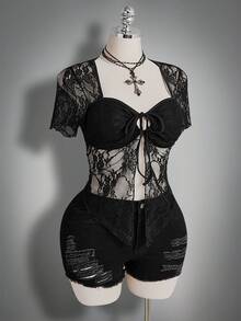 SHEIN ICON Áo ren tay ngắn buộc dây phía trước cổ vuông gợi cảm cỡ lớn, kiểu dáng cổ điển Y2K. - màu đen - Xem 10