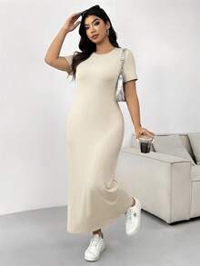 SHEIN EZwear Plus Size Women's Solid Color Round Neck Casual Minimalist Summer Dress - Apricot - View 6