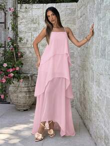 Aloruh Vestido de vacaciones elegante de unicolor con tirantes finos de color azul - Rosa Pálido - Ver 8
