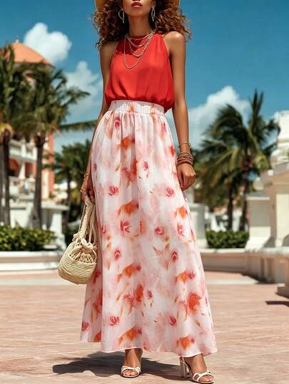 Balvessa Pink Chiffon Tie-Dye Print A-Line Skirt, Vacation