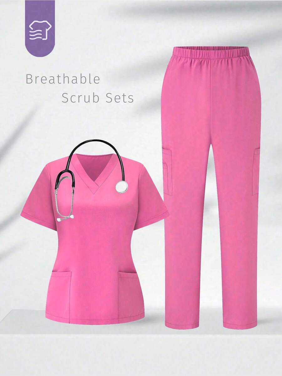 TaskEZ Scrubs Set: V-Neck Short Sleeve Top & Pants Scrub Uniform For Healthcare Workers - Pink - View 1