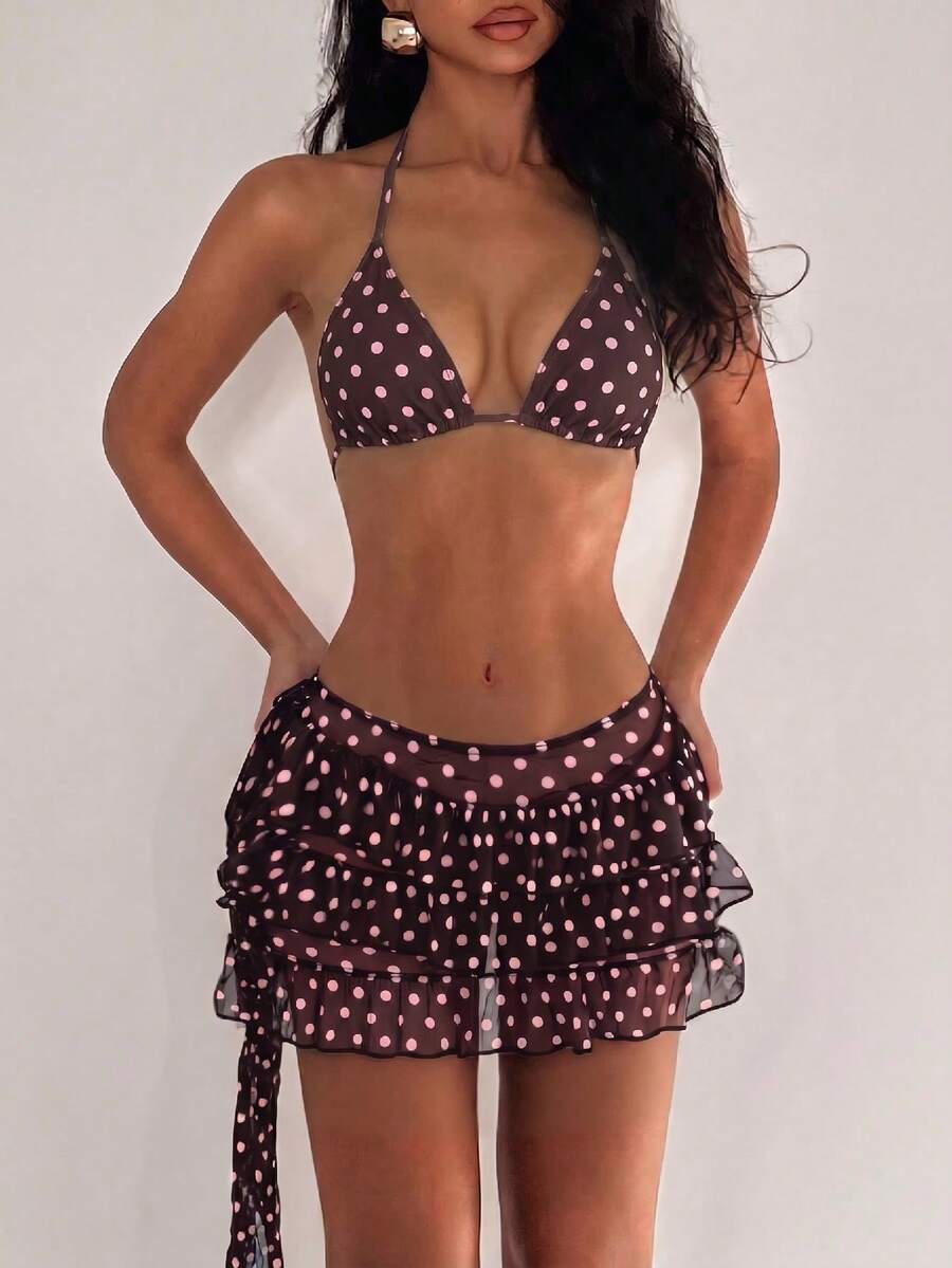 Bonvoyette Bộ bikini 3 mảnh gợi cảm dành cho nữ, họa tiết chấm bi, bèo nhún, kiểu buộc dây cổ, thích hợp cho kỳ nghỉ biển. - màu nâu - Xem 1